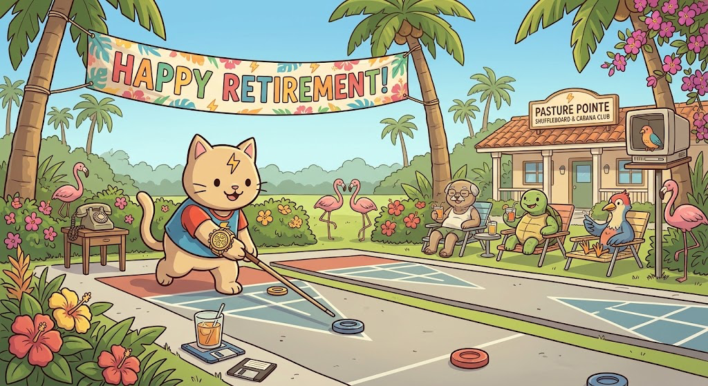 A cat playing shuffleboard beneath a Happy Retirement banner