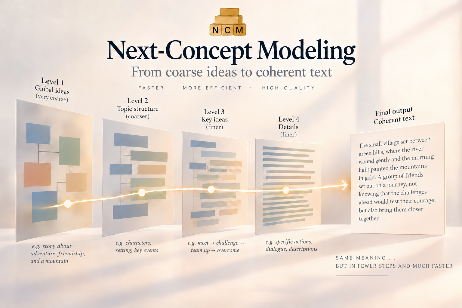 Next-Concept Modeling: from coarse ideas to coherent text. Four levels, from global ideas to details, lead to a final coherent paragraph.